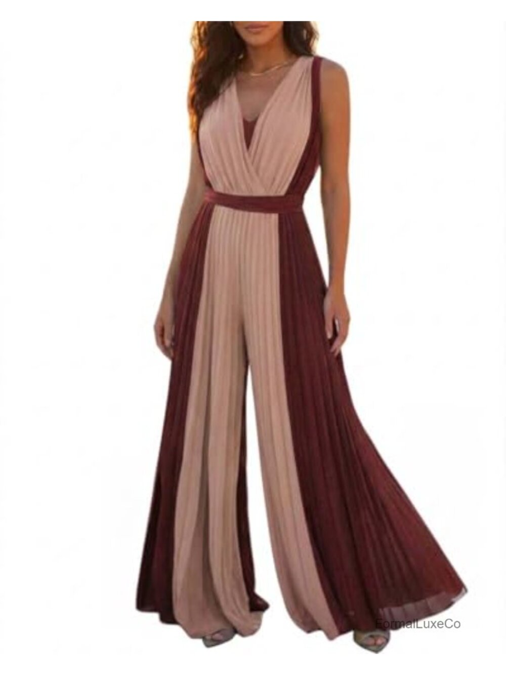 Sleeveless Colorblock Pleated V-Neck Jumpsuit with Waist Tie